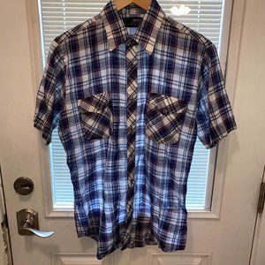 Van Cort Shirt Mens‎ M True Vintage Blue Plaid Made in Taiwan Thin Durable Press